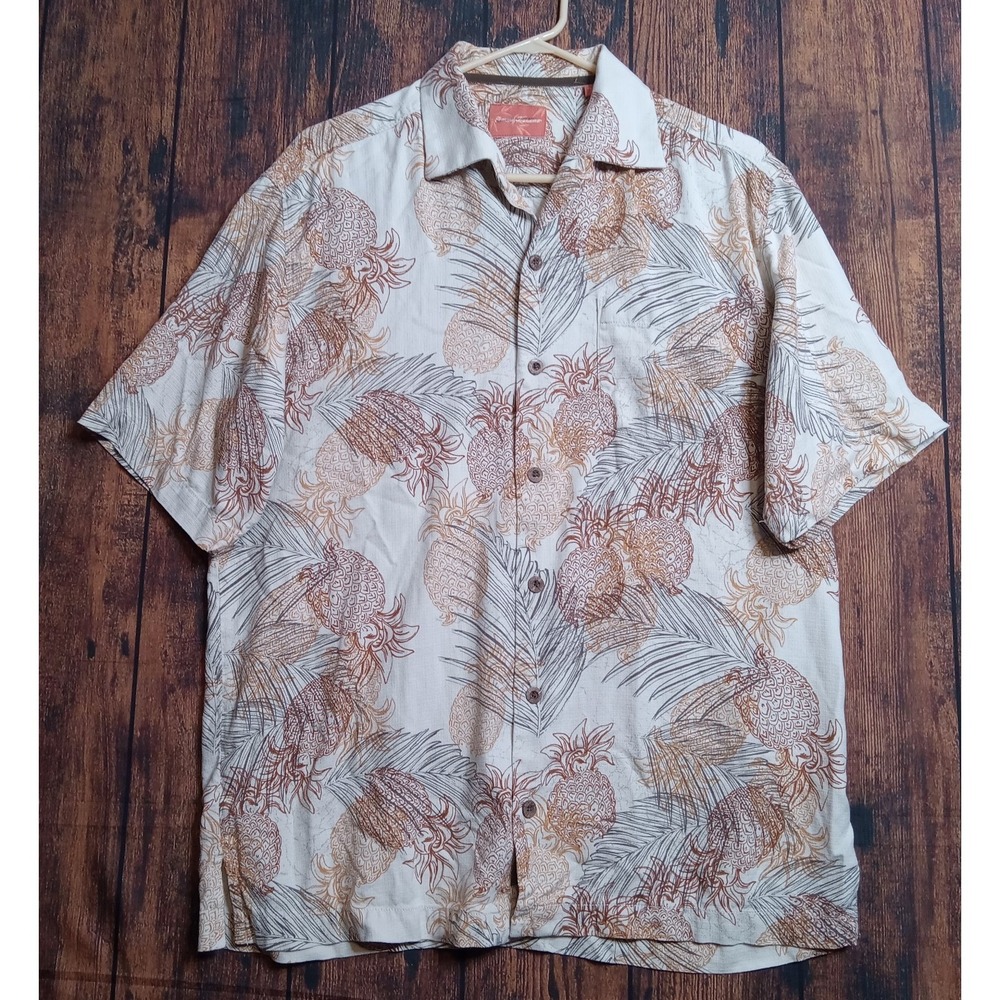 Tommy Bahama 100% Silk Hawaiian Floral Loop Collar Shirt Men's Medium Pineapple